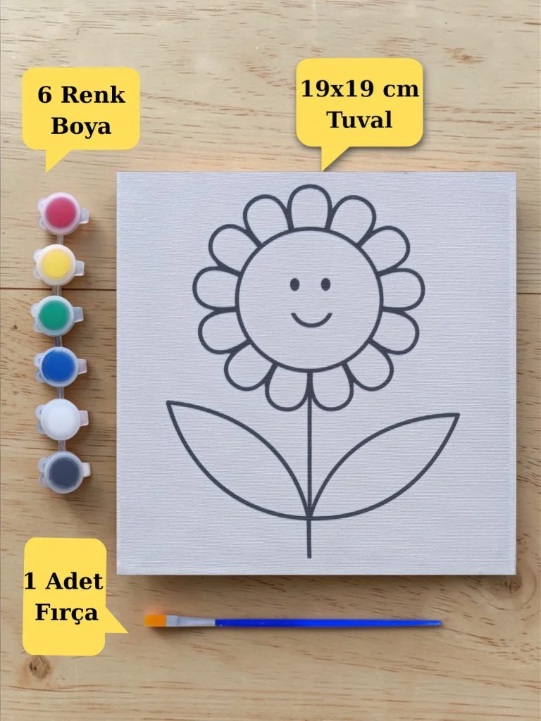 Sevimli Çiçek Baskılı Tuval Boyama Aktivite Seti 19x19 Cm (Tuval,