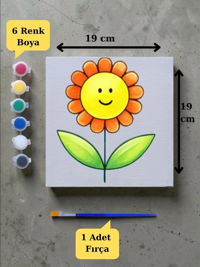 Sevimli Çiçek Baskılı Tuval Boyama Aktivite Seti 19x19 Cm (Tuval,