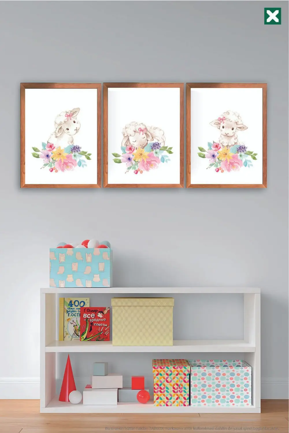 Sevimli Çiçek Desenli Kuzular 3’lü Çerçeve Görünümlü Modern MDF T
