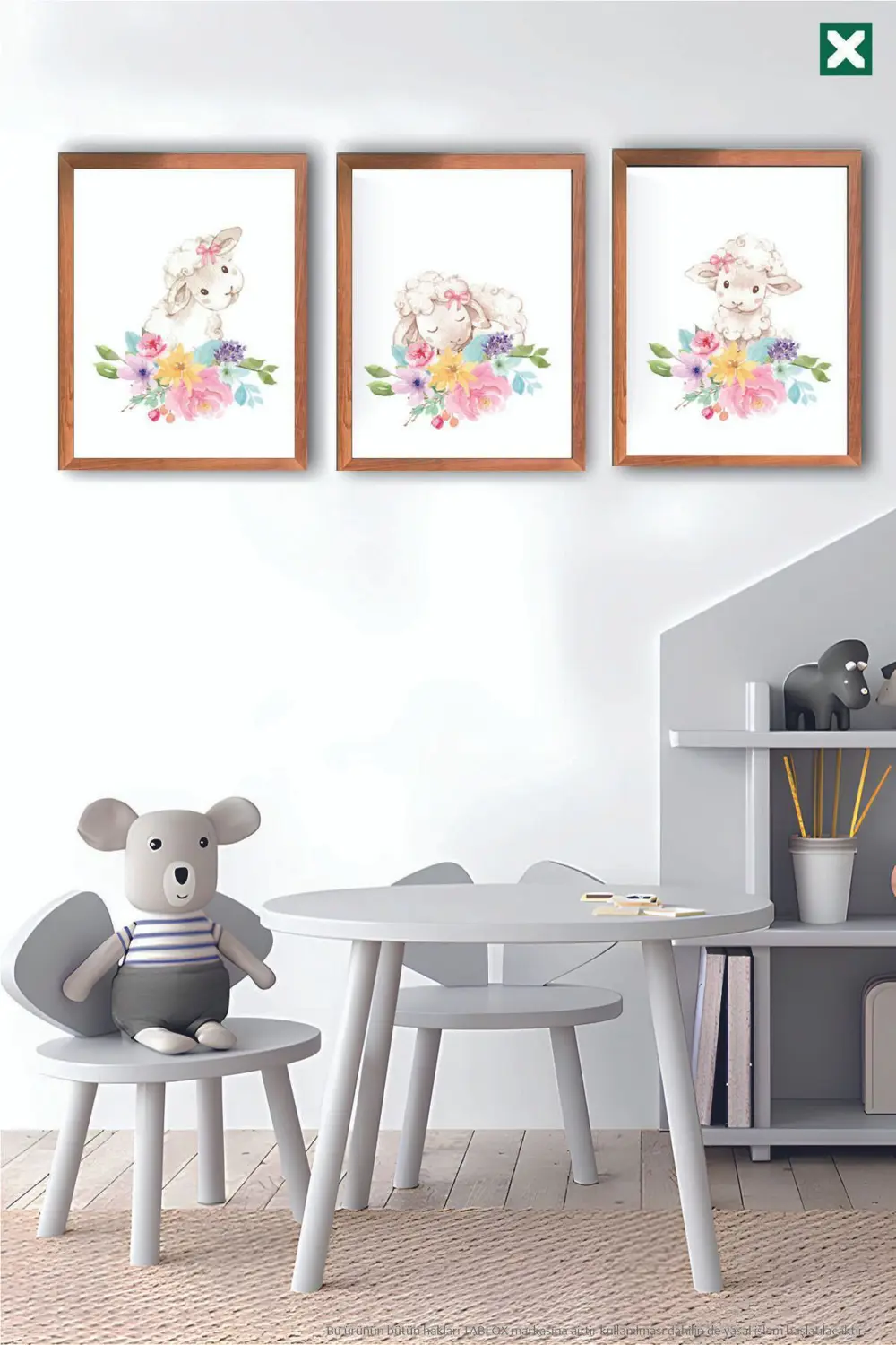 Sevimli Çiçek Desenli Kuzular 3’lü Çerçeve Görünümlü Modern MDF T