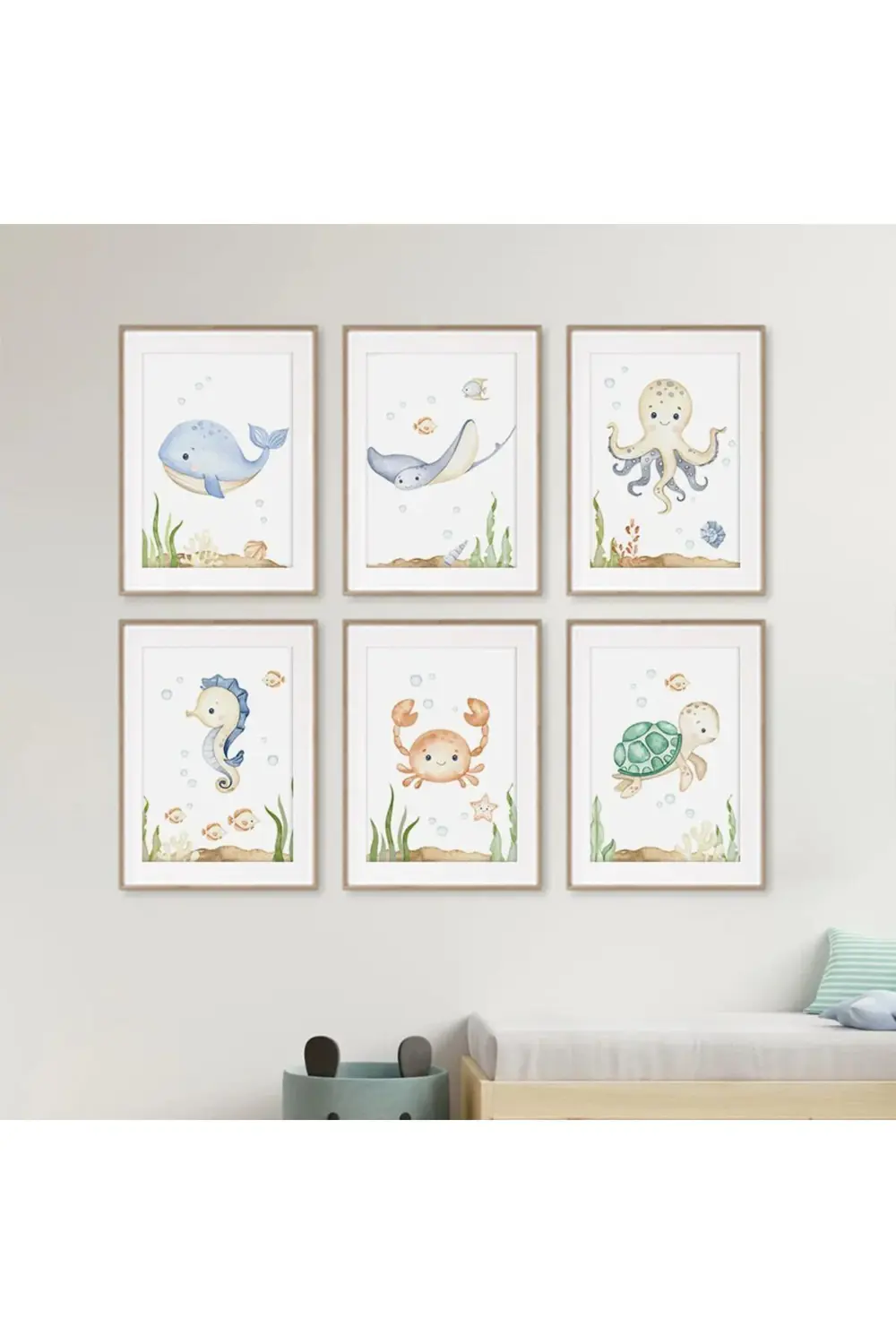 Sevimli Deniz Hayvanları 6’lı Çerçeve Görünümlü Modern MDF Tablo 