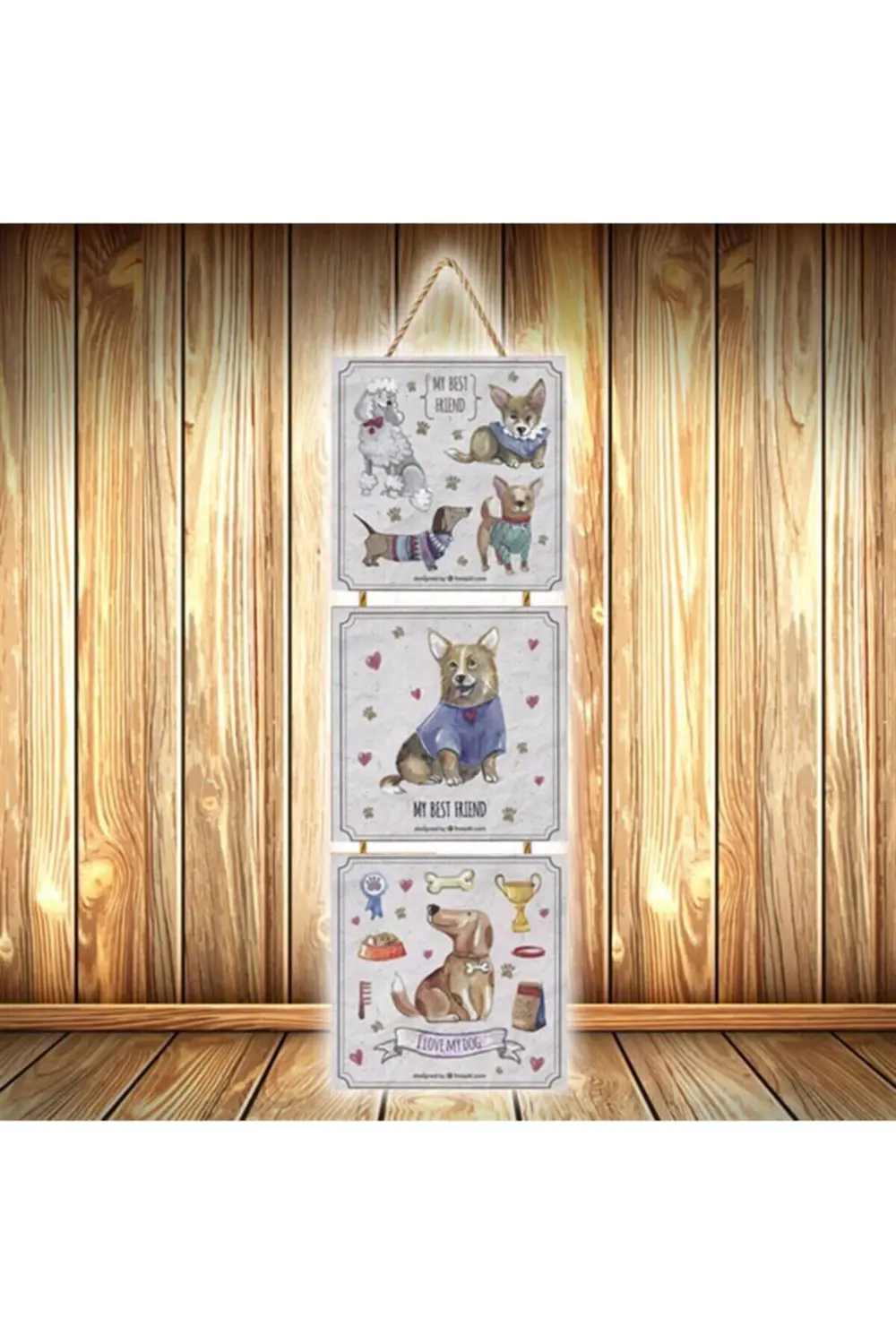 Sevimli Dostlar Tasarımlı Üçlü Retro Ahşap Poster Ü561