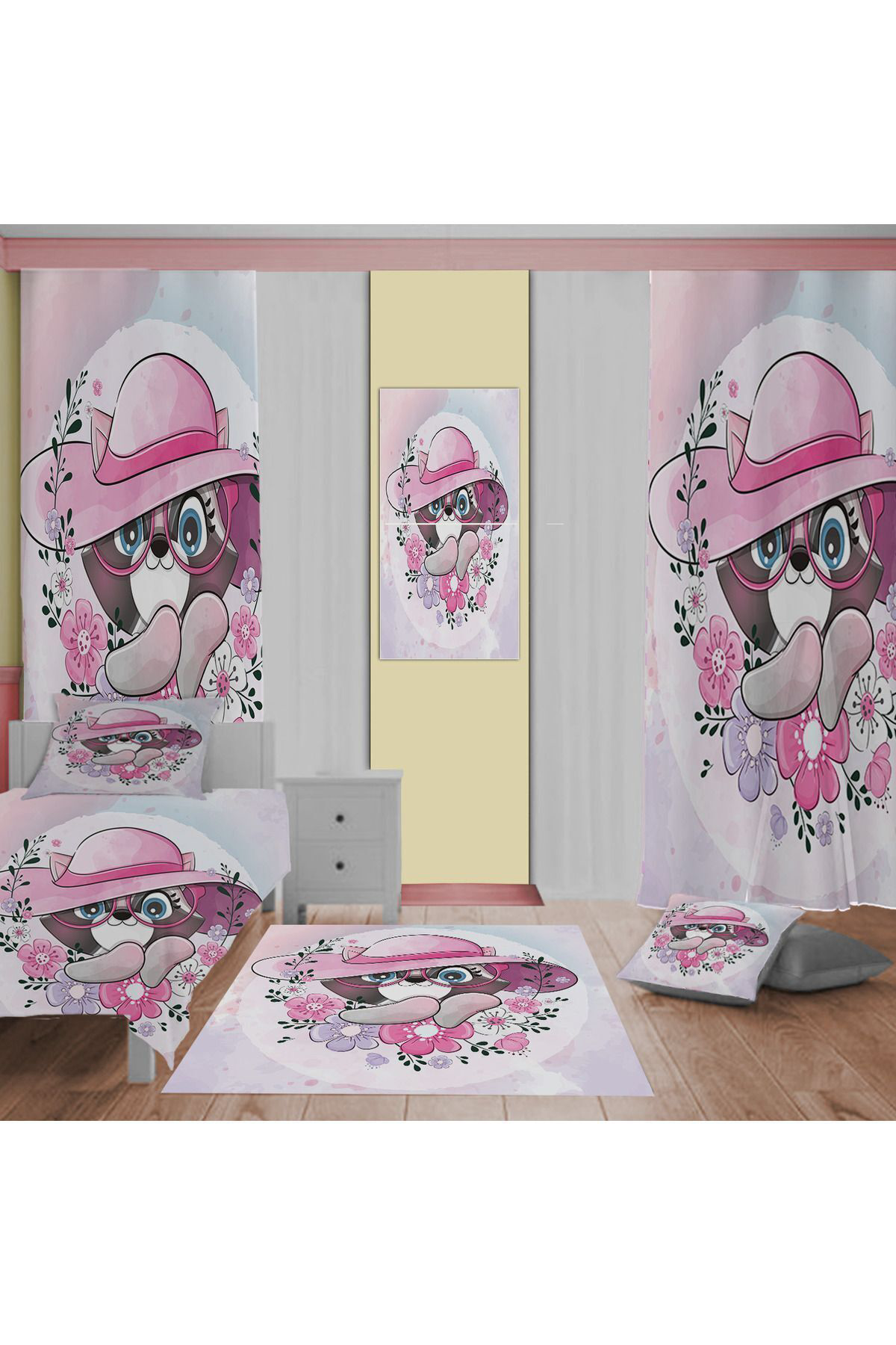 Evan Home Sevimli Hayvandesenli Çocuk Odasi Takim Perde (İki Kanat),Yatak Örtüsü,Yastik,Kirlent ,Hali,Tablo