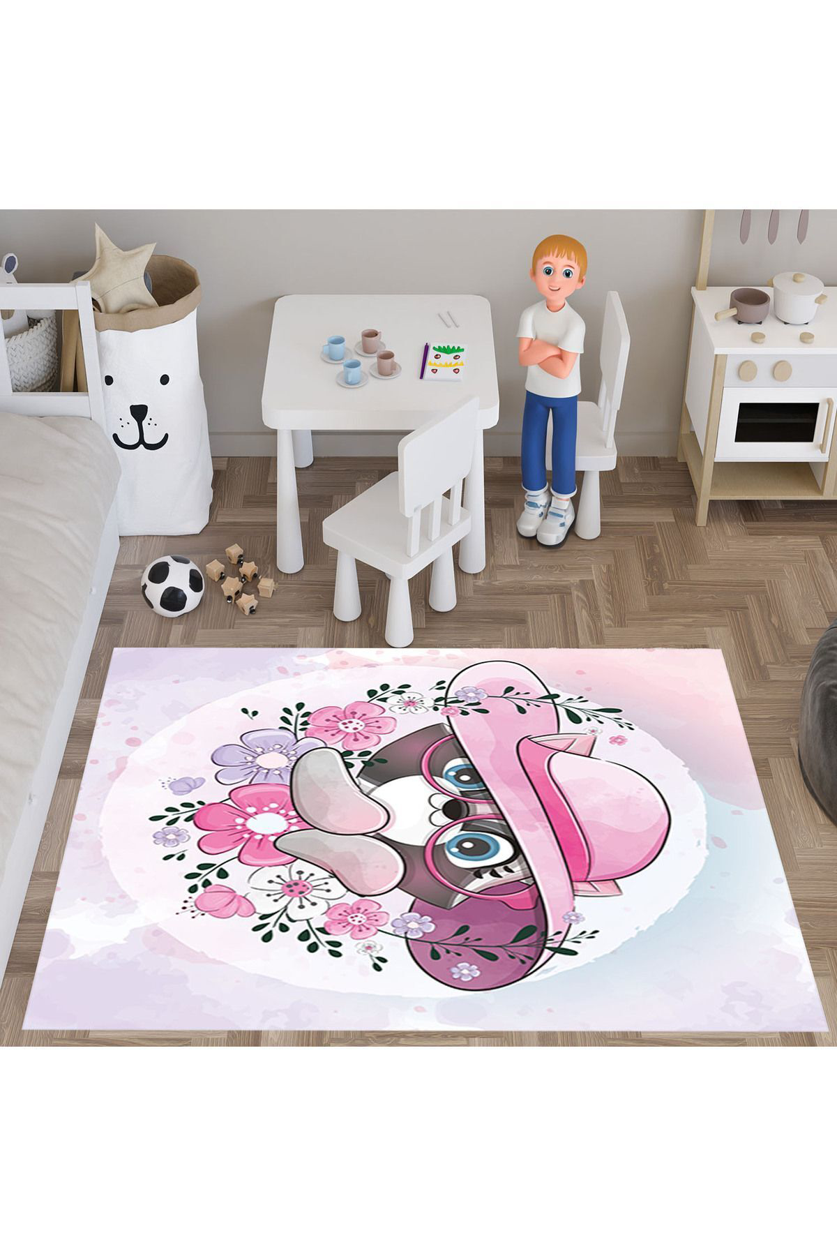 Evan Home Sevimli Hayvandesenli Çocuk Odasi Takim Perde (İki Kanat),Yatak Örtüsü,Yastik,Kirlent ,Hali,Tablo