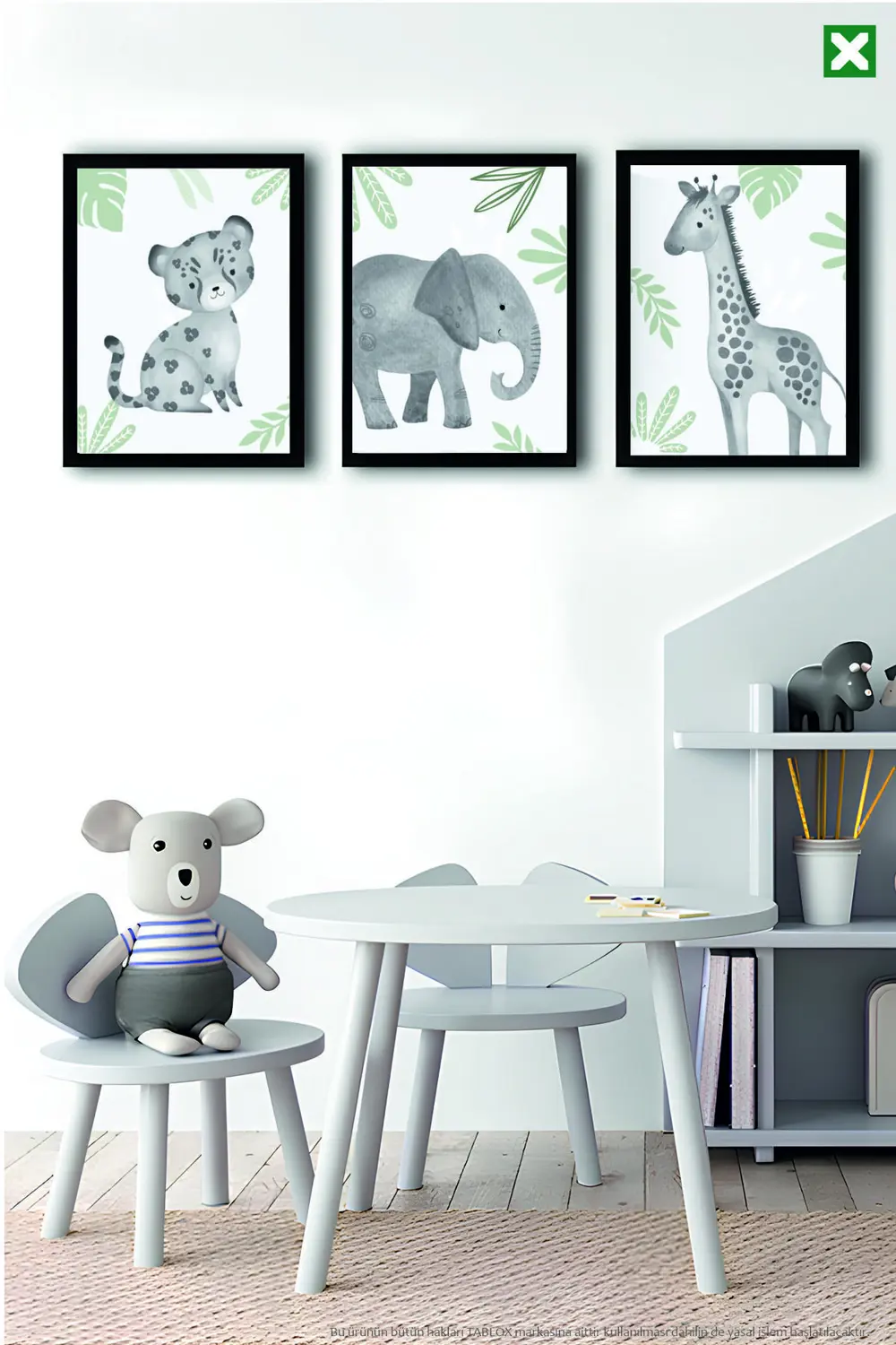 Sevimli Hayvanlar 3'lü Çerçeve Görünümlü Modern MDF Tablo Seti - 