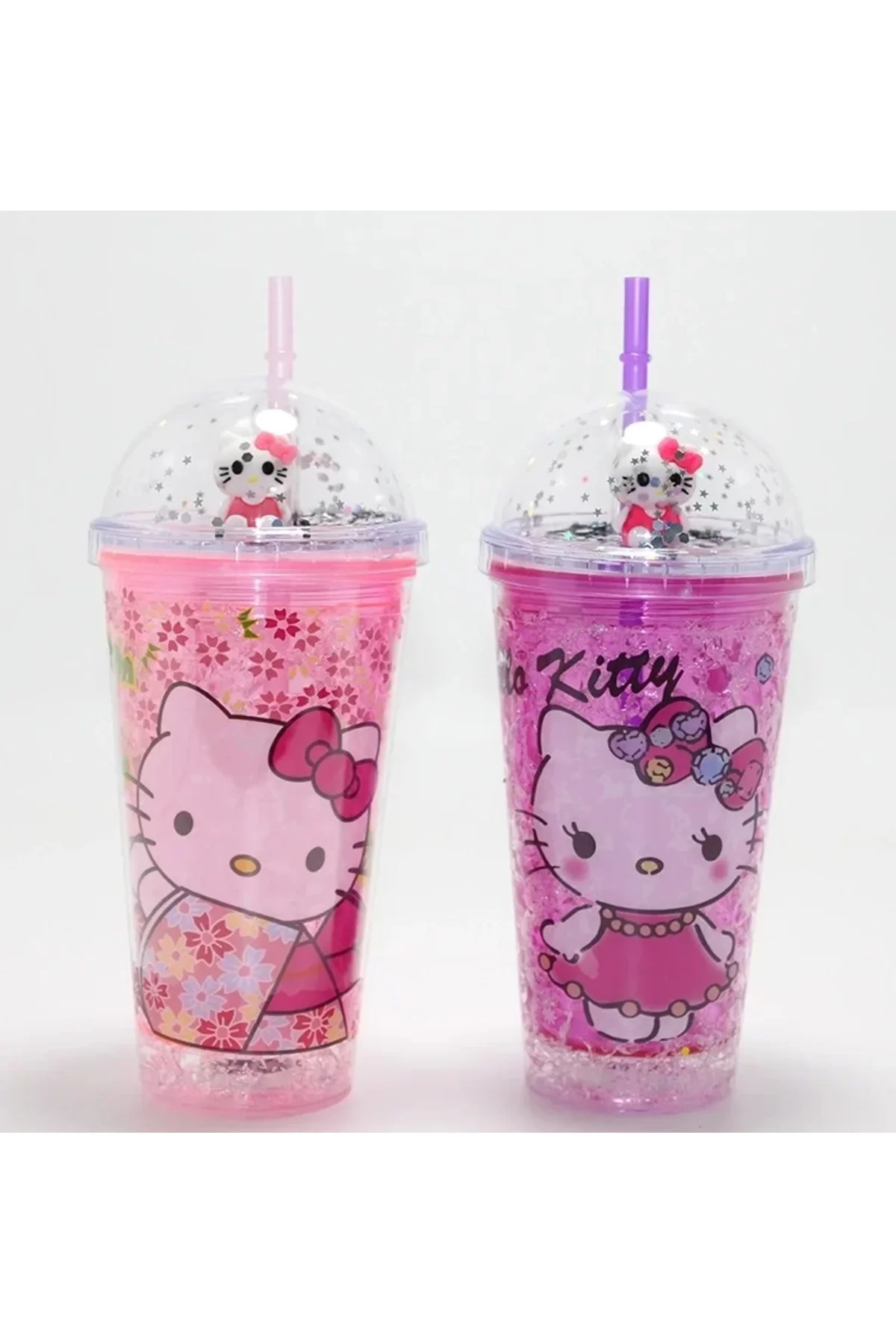 Sevimli Hello Kitty Işıklı Pipetli Boncuklu Suluk & Bardak 400 Ml
