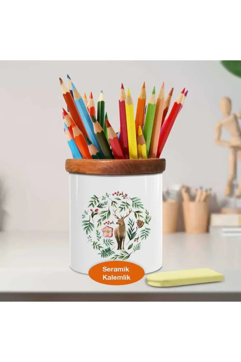 Sevimli Karakter Geyik Ahşaplı Seramik Kalemlik - 53876-66364