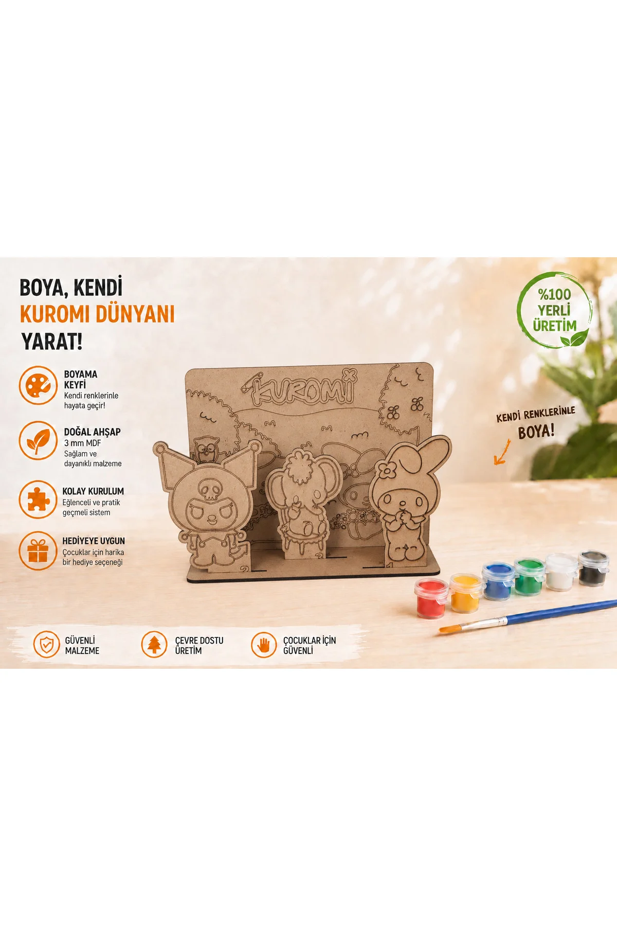 Sevimli Karakterler Temalı Ahşap Boyama Seti – 3D Geçmeli MDF Dekor, 6 Renk Boya ve Fırça Dahil