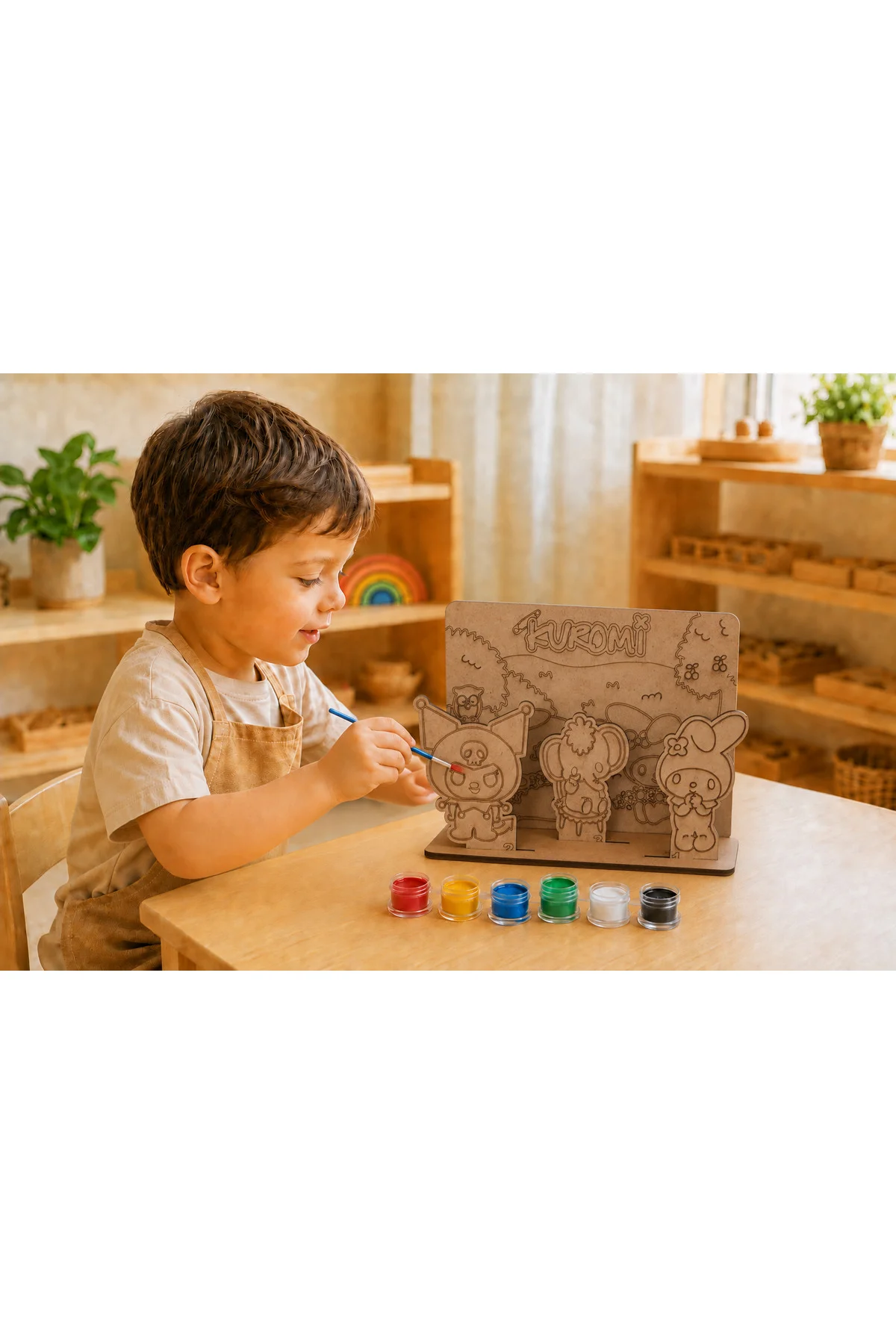 Sevimli Karakterler Temalı Ahşap Boyama Seti – 3D Geçmeli MDF Dekor, 6 Renk Boya ve Fırça Dahil