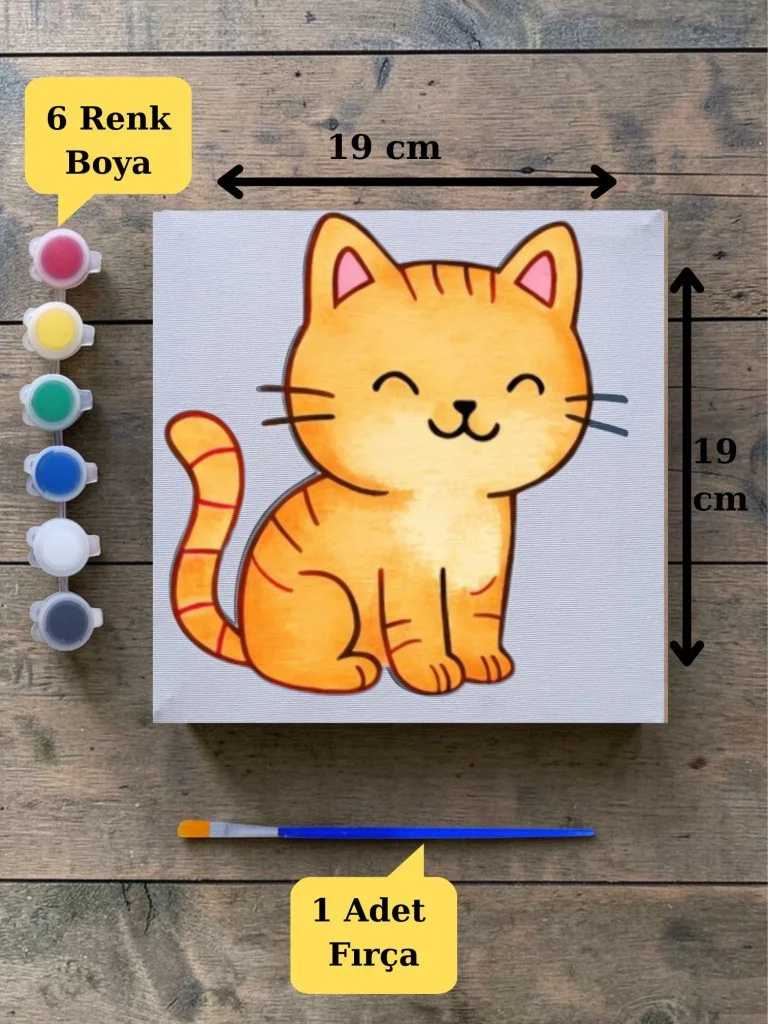 Sevimli Kedi Baskılı Tuval Boyama Aktivite Seti 19x19 Cm (Tuval, 