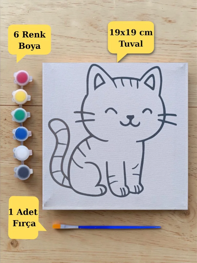 Sevimli Kedi Baskılı Tuval Boyama Aktivite Seti 19x19 Cm (Tuval, 