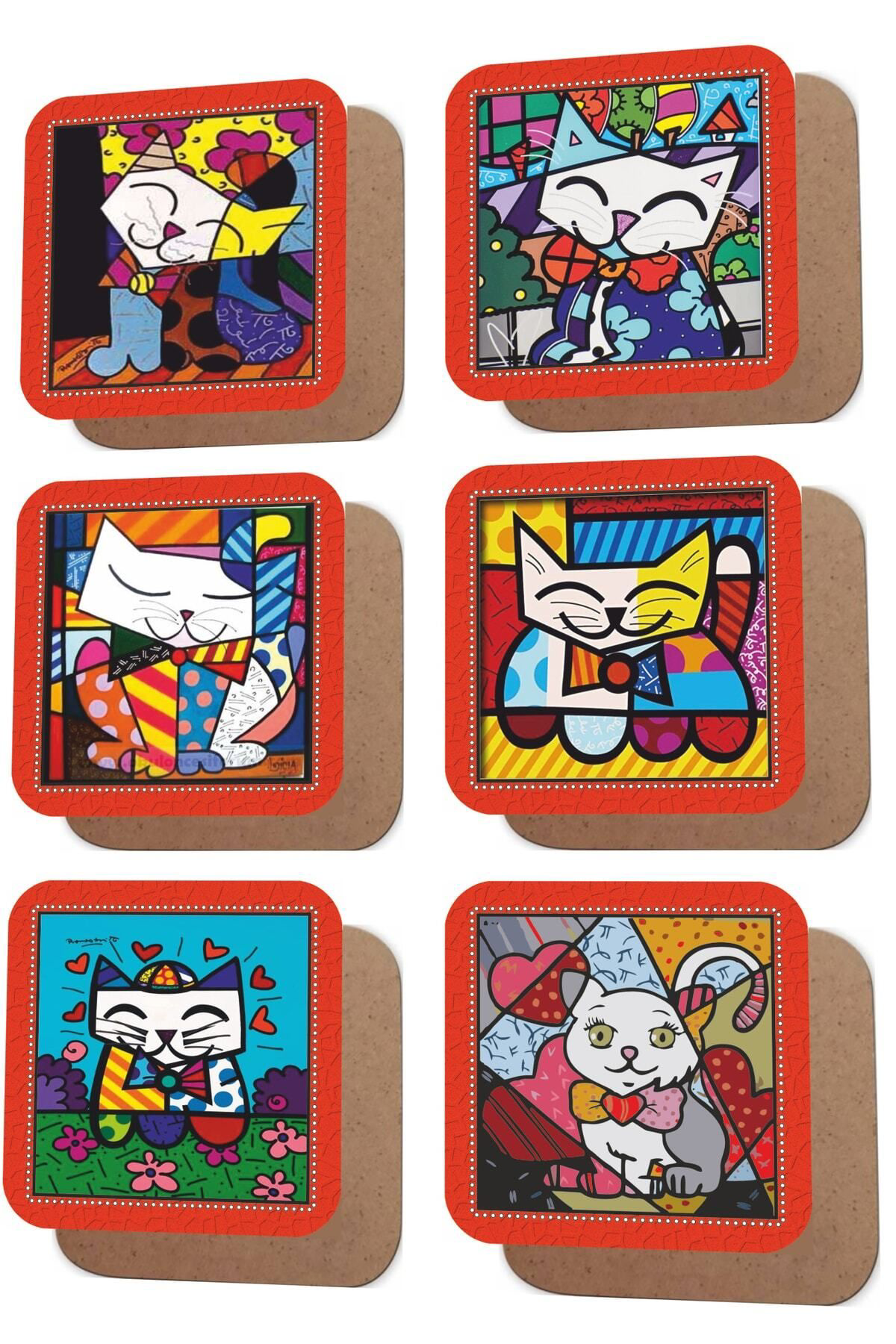 Sevimli Kediler Picasso Artı Temalı 6 lı Retro Ahşap Bardak Altlı