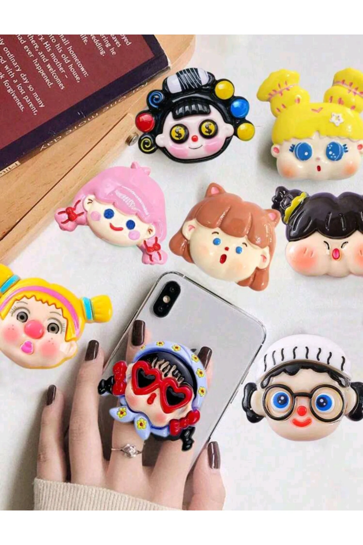 Sevimli Koca Kafa Bebek Şeklinde Telefon Standı, Kendinden Yapışk