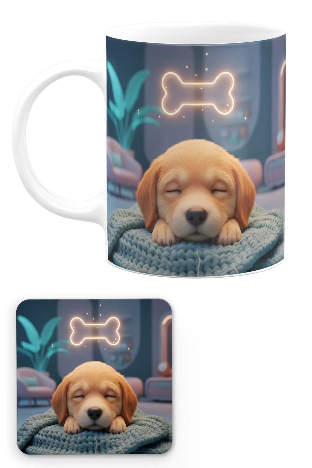 Sevimli Köpek Yavrusu Özel Tasarım İllüstrasyon Kedi Figürlü Mug Sevimli Köpek Yavrusu Özel Tasarım İllüstrasyon Kedi Figürlü Mug