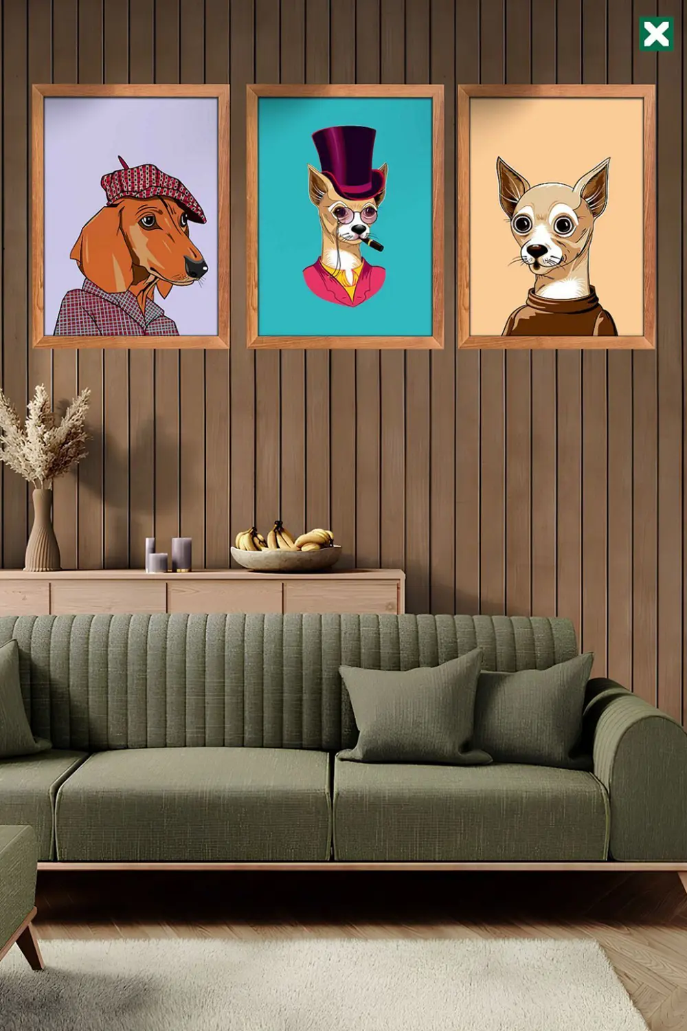 Sevimli Köpekler  Dekorize 3'lü Set, Çerçeve Görünümlü Modern Mdf