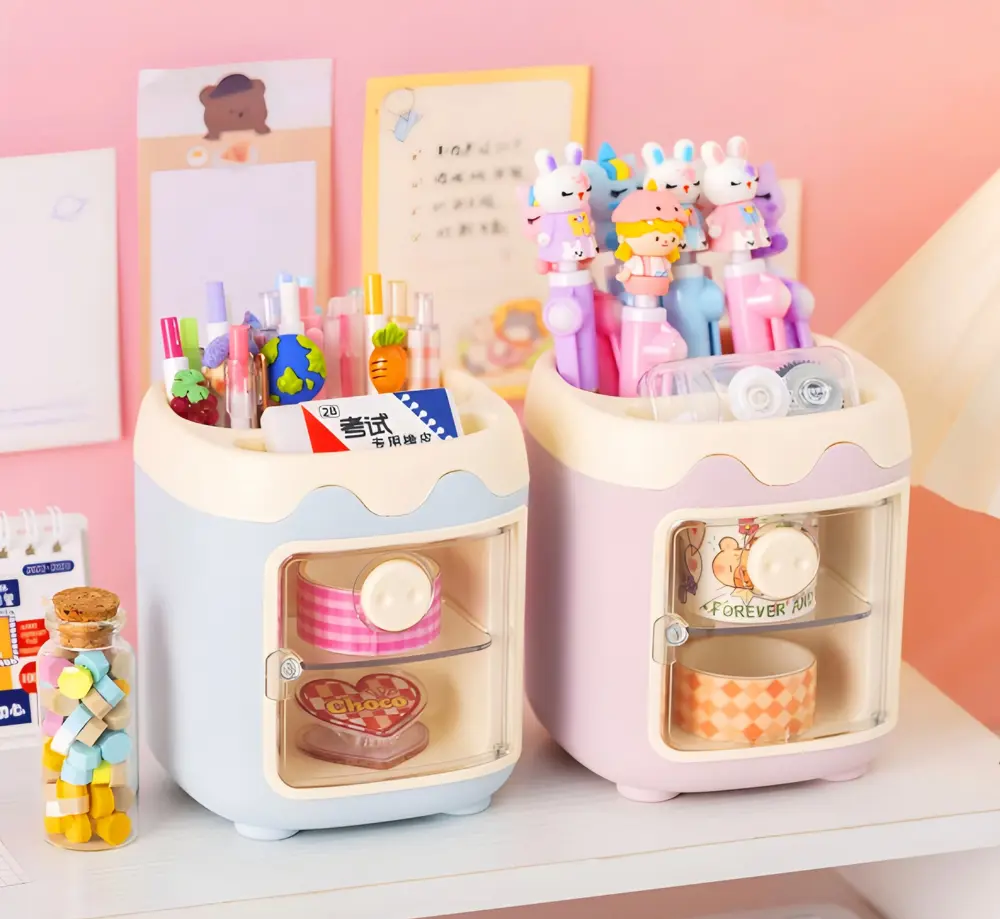 Sevimli Masaüstü Kalemlik Kawaii Kapaklı Mini Dolaplı Kalemlik - 