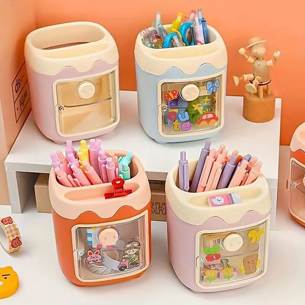 Sevimli Masaüstü Kalemlik Kawaii Kapaklı Mini Dolaplı Kalemlik - 