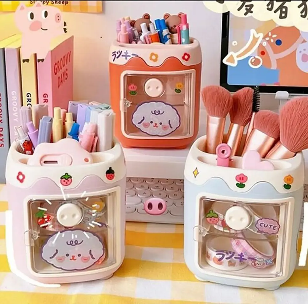 Sevimli Masaüstü Kalemlik Kawaii Kapaklı Mini Dolaplı Kalemlik - 