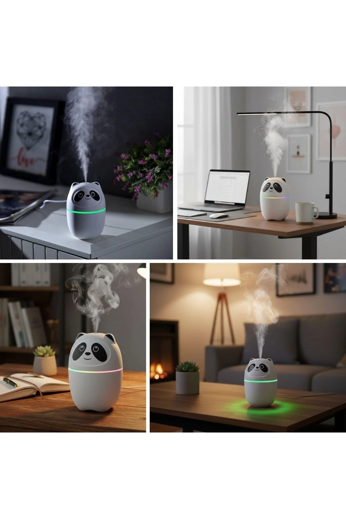 Sevimli Panda Figürlü – Ultrasonik Soğuk Buhar Makinesi, LED Işık