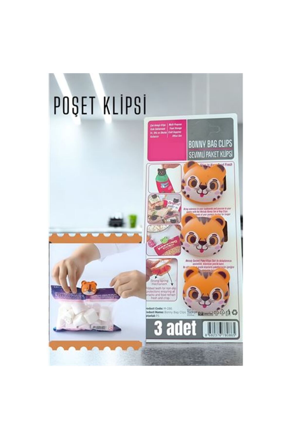 Sevimli Poşet Klipsi Kedi 3 Adet Ataç