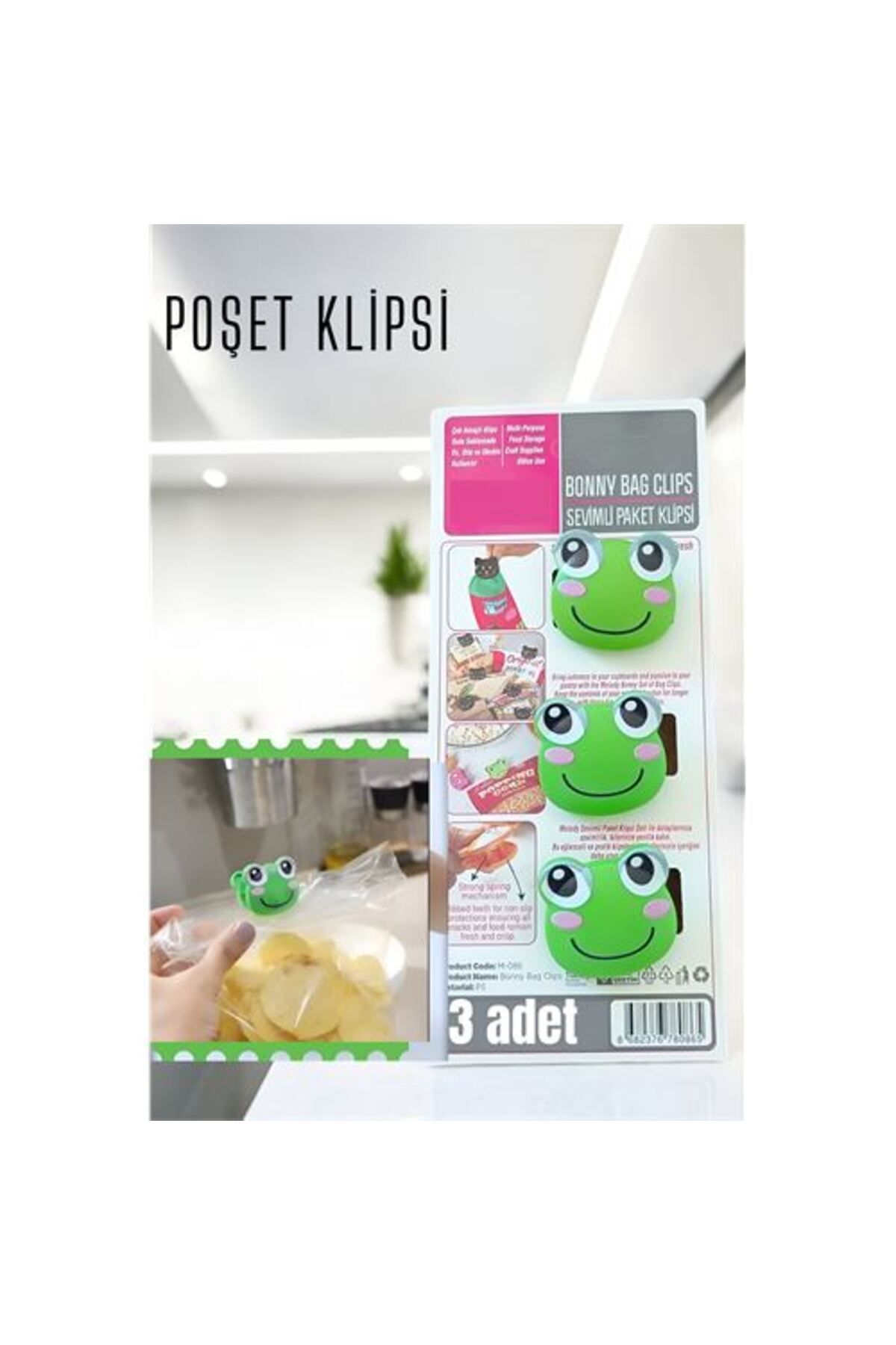 Sevimli Poşet Klipsi Kurbağa 3 Adet Ataç