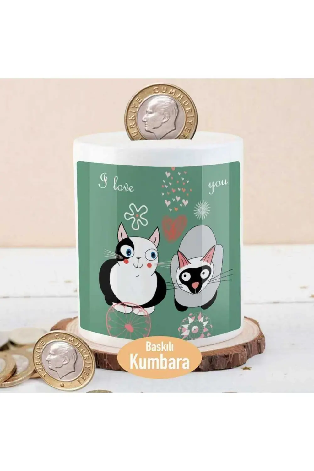 Sevimli Romantik Kediler Baskılı Para Birikim Kumbarası-38201c