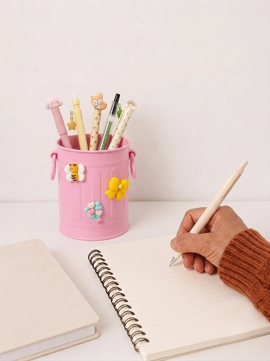 Sevimli Stickerlı Masaüstü Kalemlik Organizer - Pembe