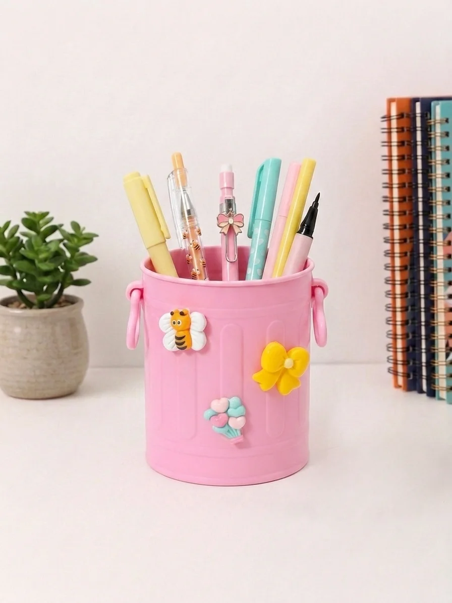 Sevimli Stickerlı Masaüstü Kalemlik Organizer - Pembe