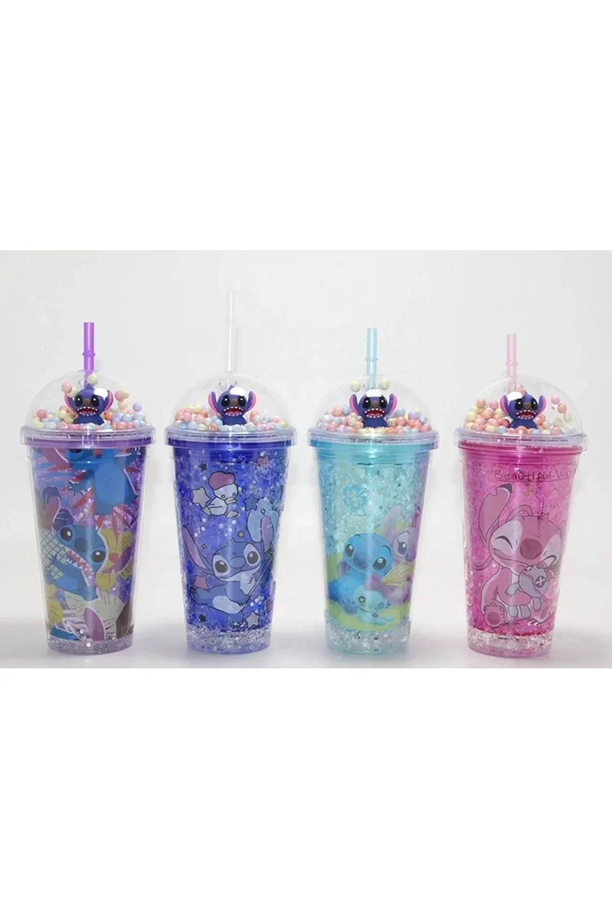 Sevimli Stitch Işıklı Pipetli Pullu Suluk & Bardak 400 Ml Alk4704