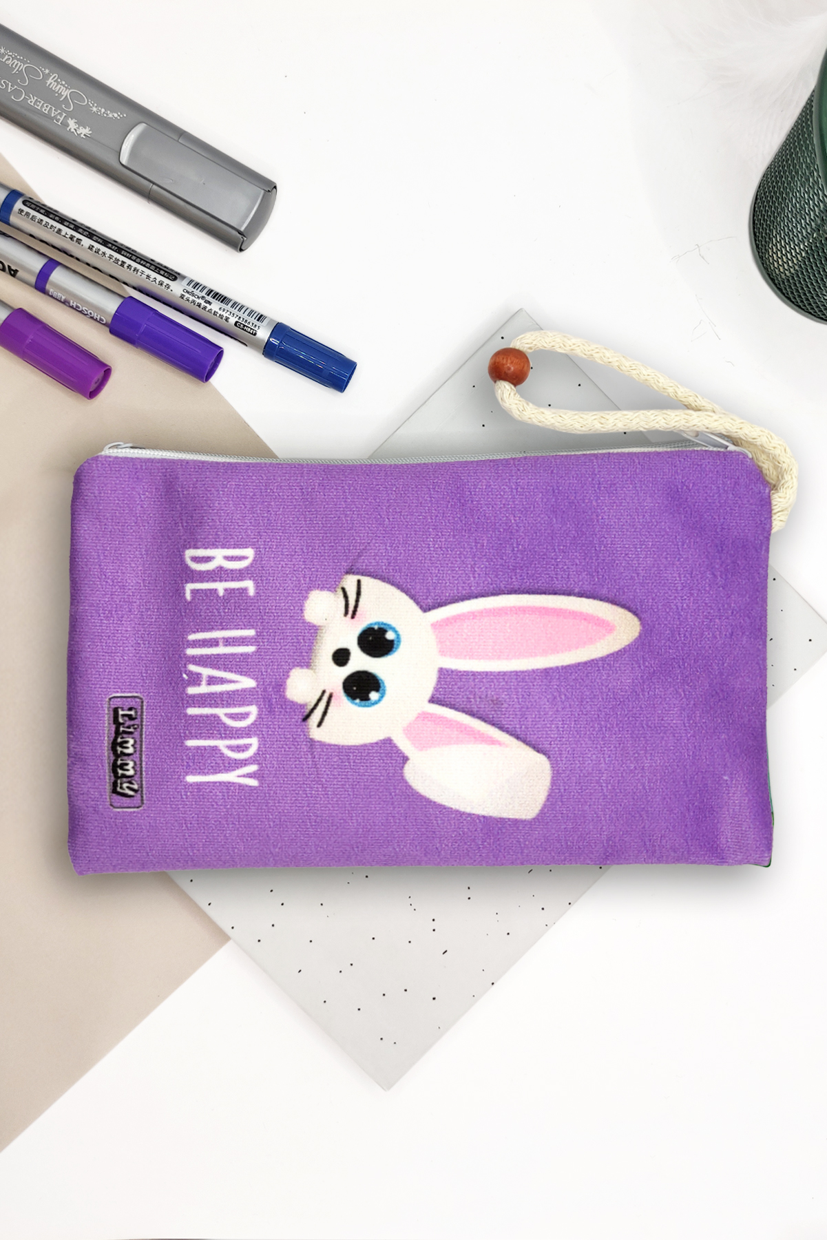 Limmy Sevimli Tavşan Mor Renkli Kalem Kutusu Yıkanabilir Bez Kalemlik 