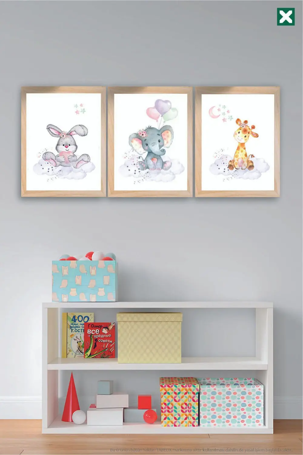 Sevimli Tavşan ,Fİl ,Zürafa ,3’lü Çerçeve Görünümlü Modern MDF Ta