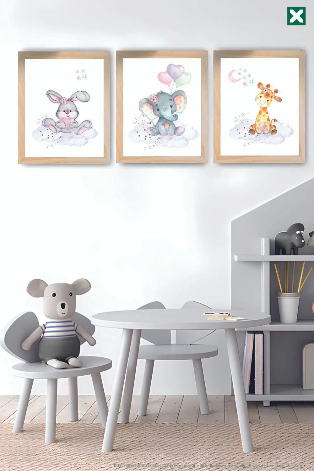 Sevimli Tavşan ,Fİl ,Zürafa ,3’lü Çerçeve Görünümlü Modern MDF Ta