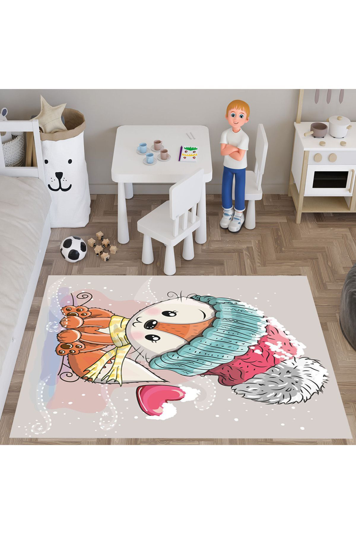 Evan Home Sevimli Tilki Desenli Çocuk Odası Takım Perde (İki Kanat),Yatak Örtüsü,Yastık,Kırlent ,Halı,Tablo