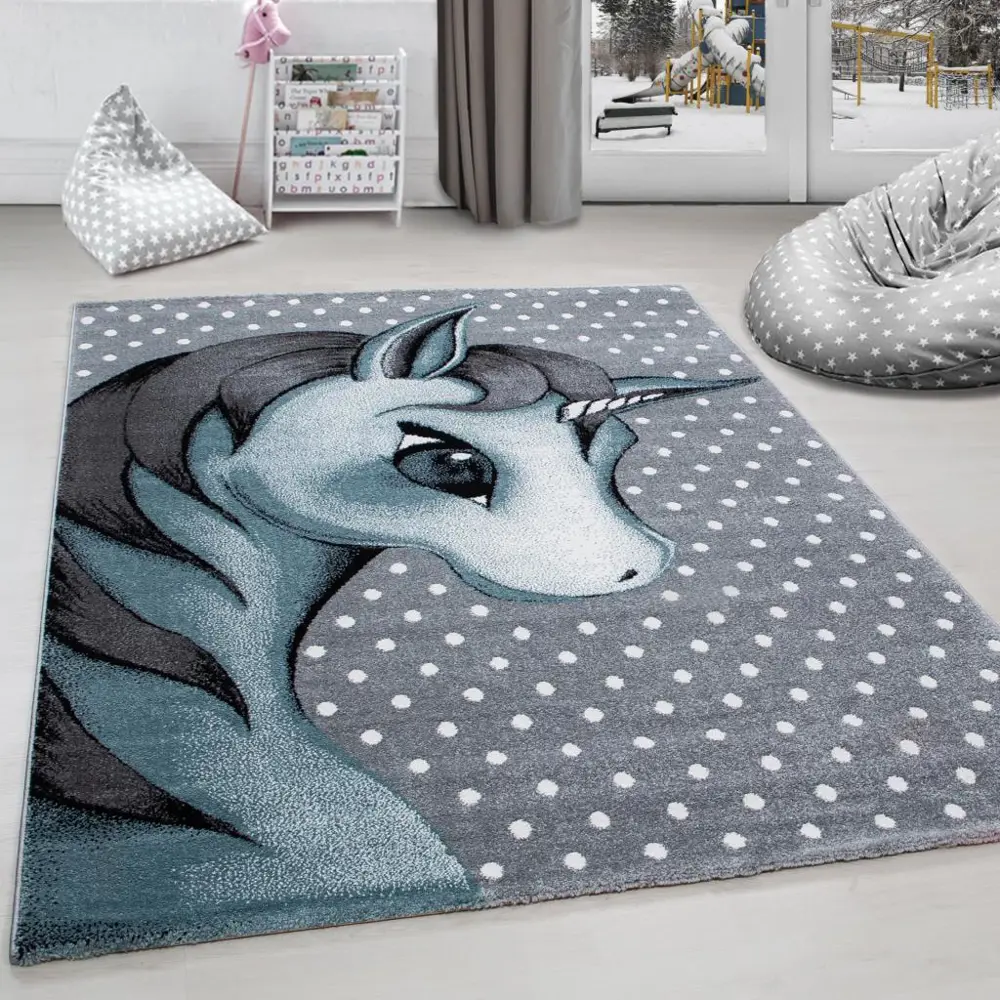 Sevimli Unicorn Tasarım Halı Mavi Gri Halı Yumuşak Dikdörtgen Jüt