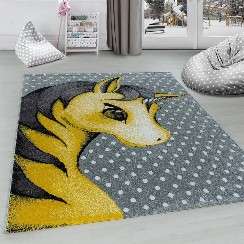 Sevimli Unicorn Tasarım Halı Sarı Gri Halı Yumuşak Dikdörtgen Jüt