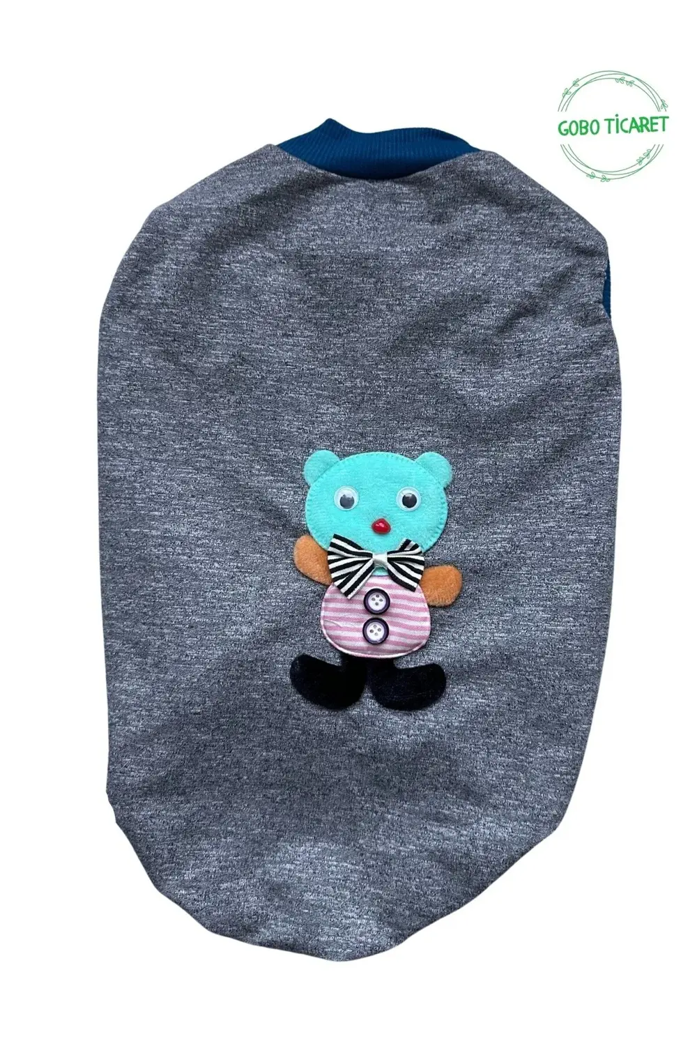 Sevimli Yeşil Ayıcık Aksesuarlı Aplikeli Gri Kedi Köpek Kıyafeti