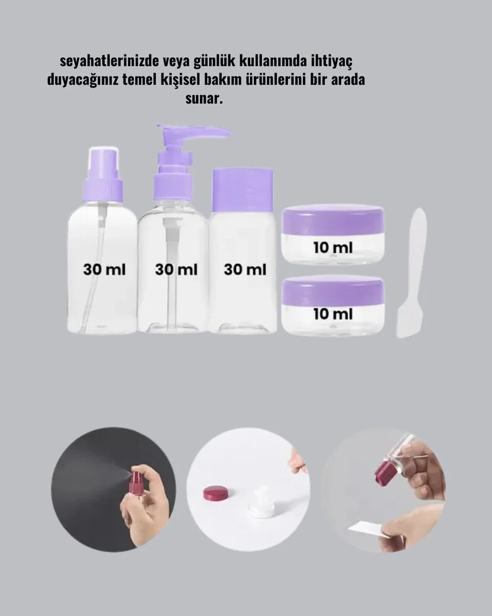 Seyahat Banyo Seti 5 Parça Şeffaf Taşıma Çantası 30 ml - Kompakt ve Uçak Uyumlu