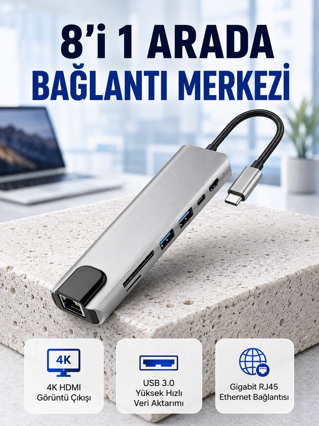 Seyahat Dostu 8‑in‑1 Hub – Şarj & Veri & Video & Ağ için Eksiksiz Çözüm (Kopya)