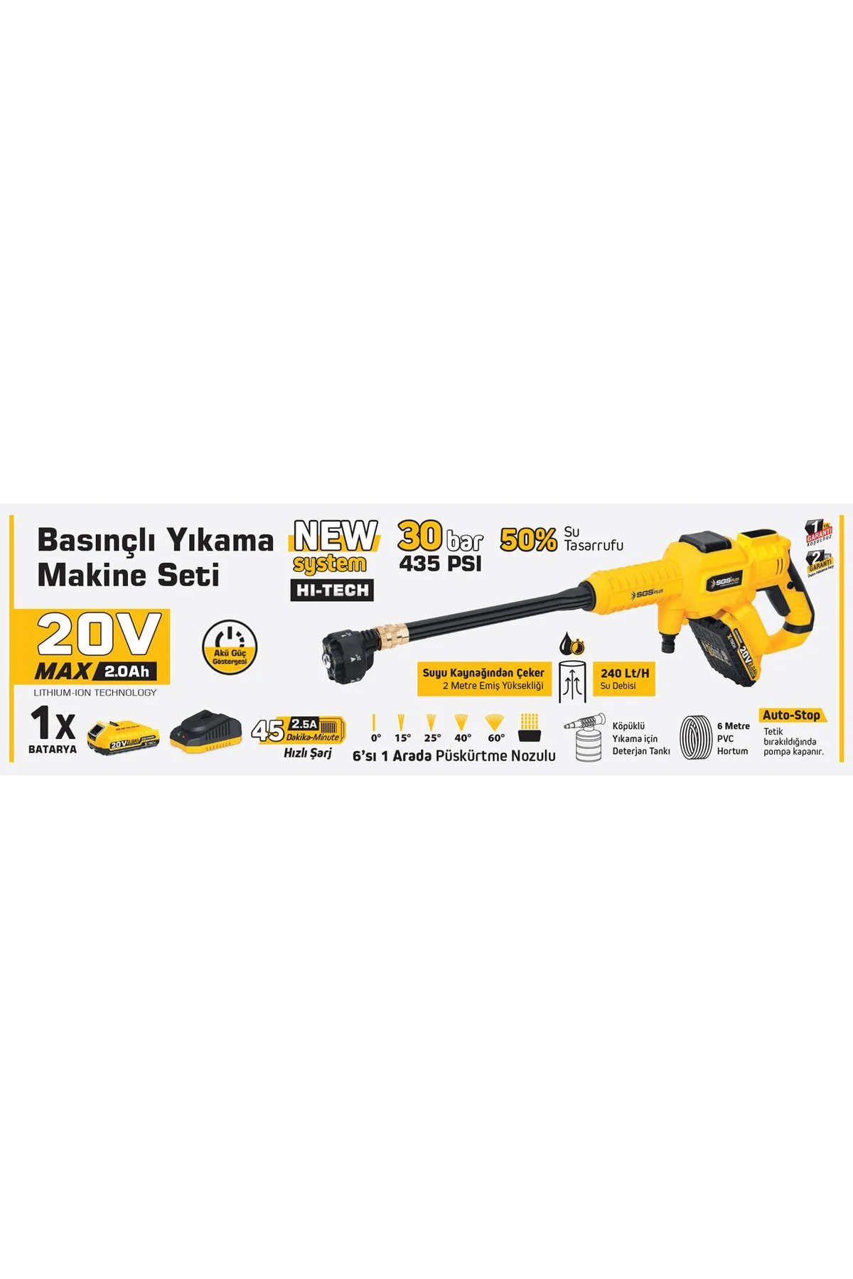 Sgs 5410 Akülü Basınçlı Oto Araba Bahçe Yıkama Tabancası Seti 30 Sgs 5410 Akülü Basınçlı Oto Araba Bahçe Yıkama Tabancası Seti 30