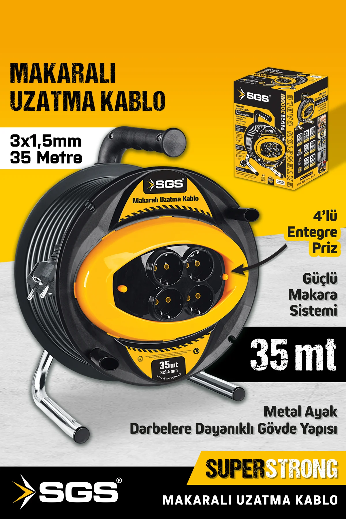 SGS2131 3x1,5mm 35 Metre Makaralı Uzatma Kablo Metal Ayaklı 4 Lü 