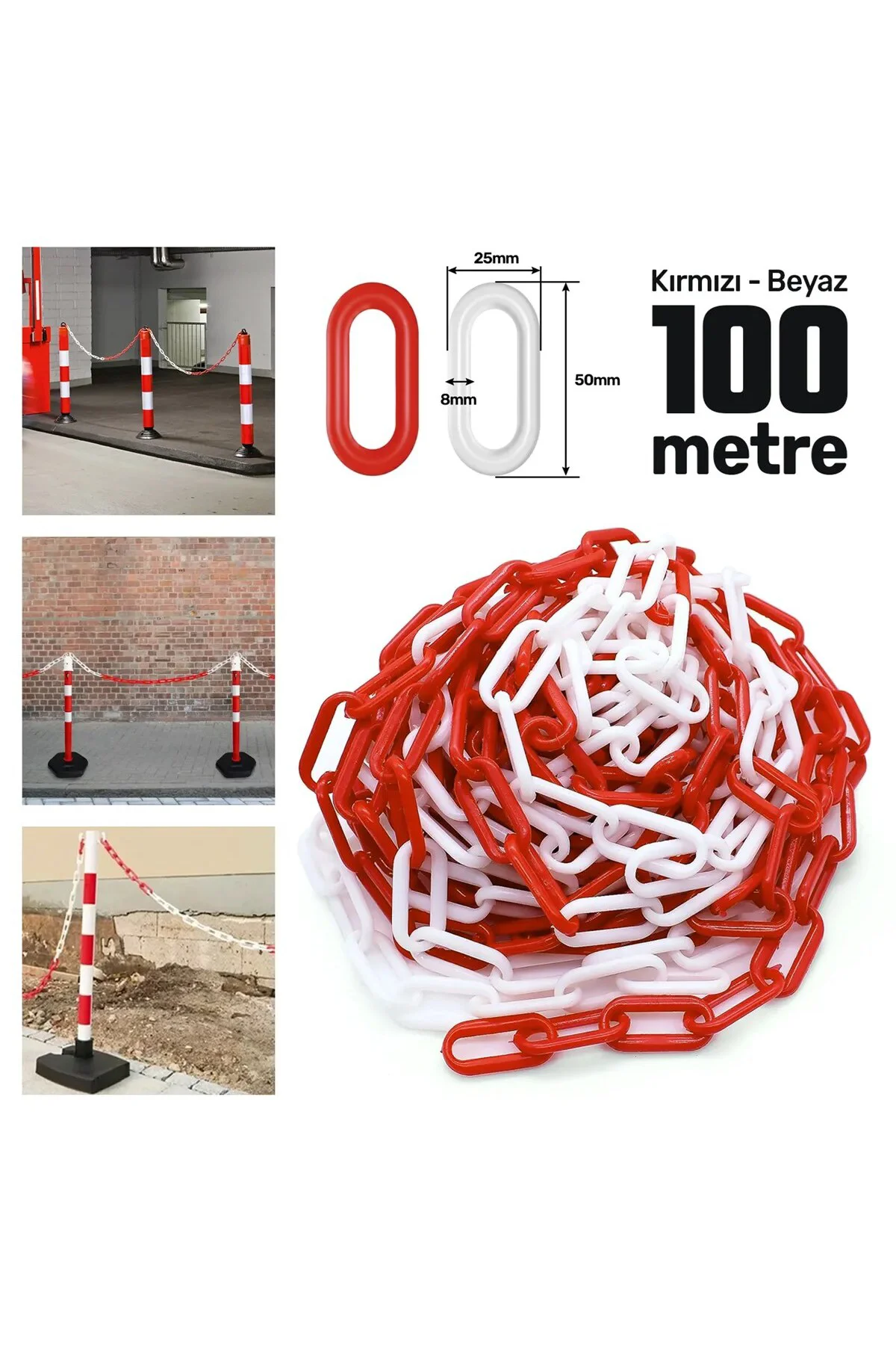 Sgs2552 Plastik Güvenlik Bariyer Zinciri (kırmızı-beyaz) 8 Mm 100 Metre