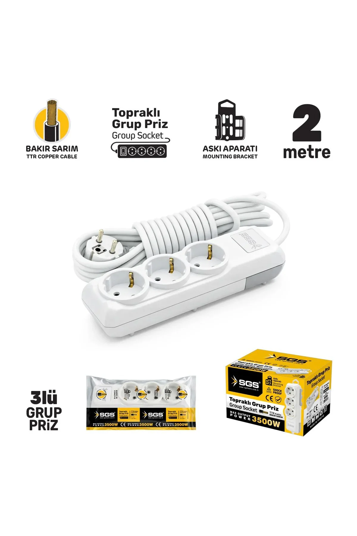 Sgs3475 Grup Priz Topraklı Üçlü 2 Metre, Üçyol, Uzatma Kablosu
