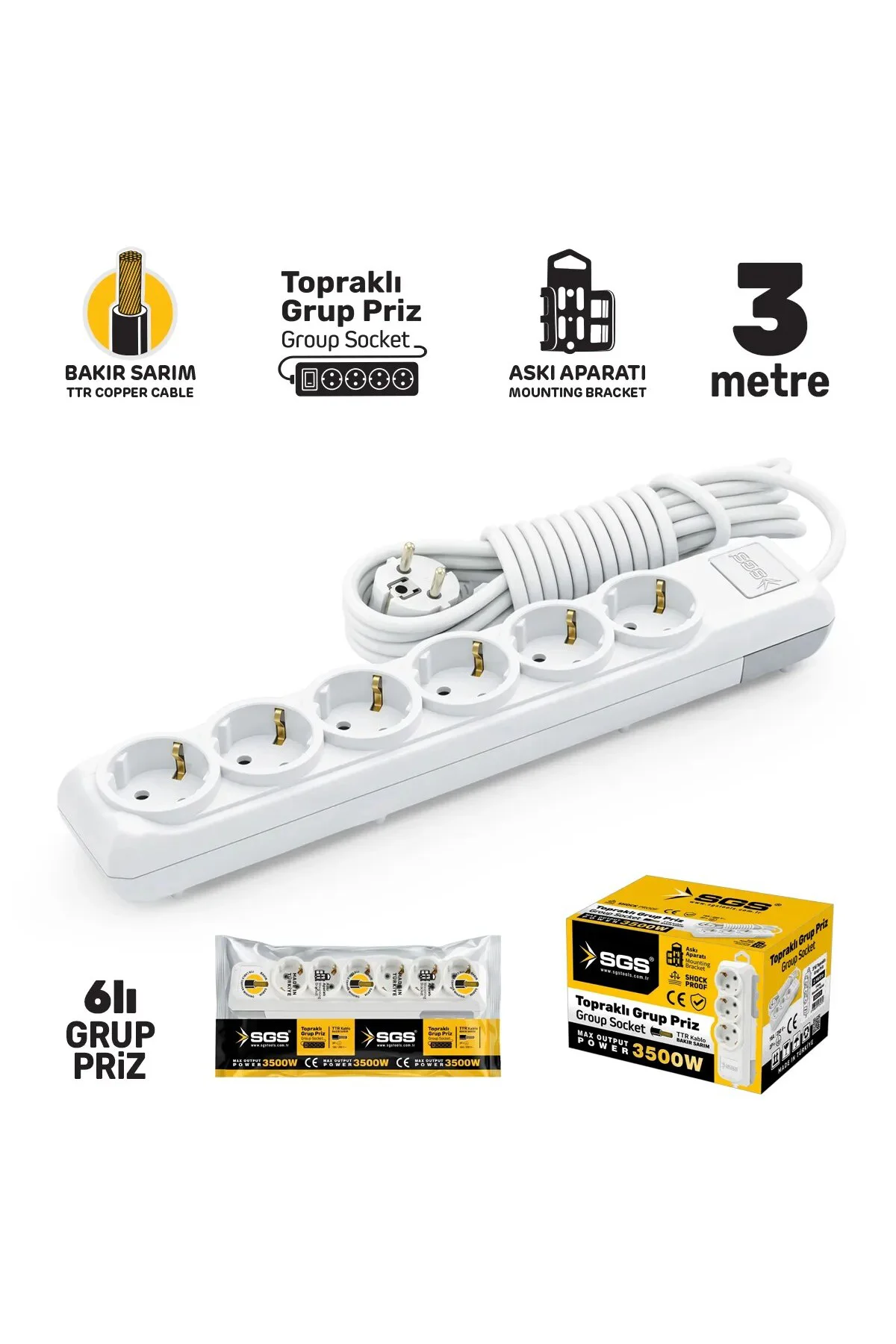 SGS3492 Grup Priz Topraklı Altılı 3 Metre, Uzatma Kablosu, Üçyol