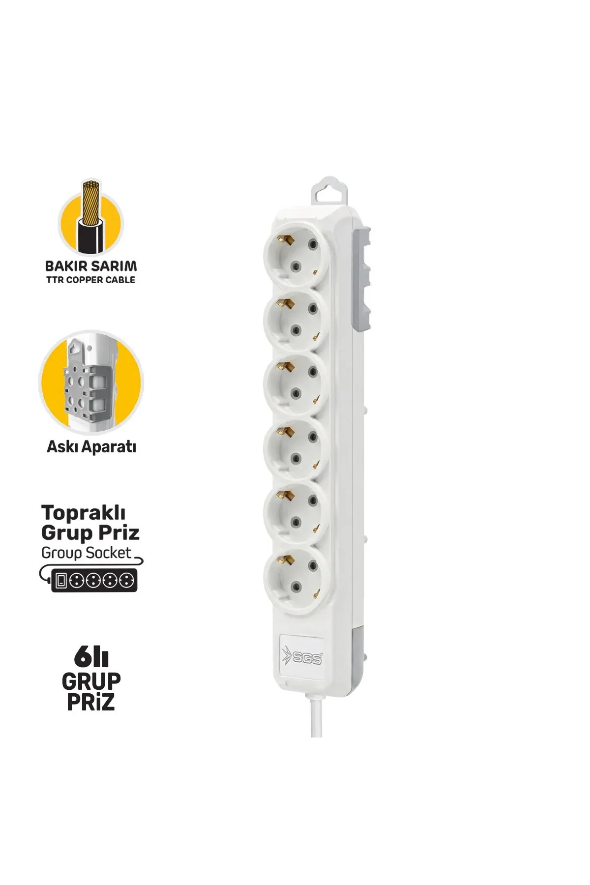 SGS3492 Grup Priz Topraklı Altılı 3 Metre, Uzatma Kablosu, Üçyol