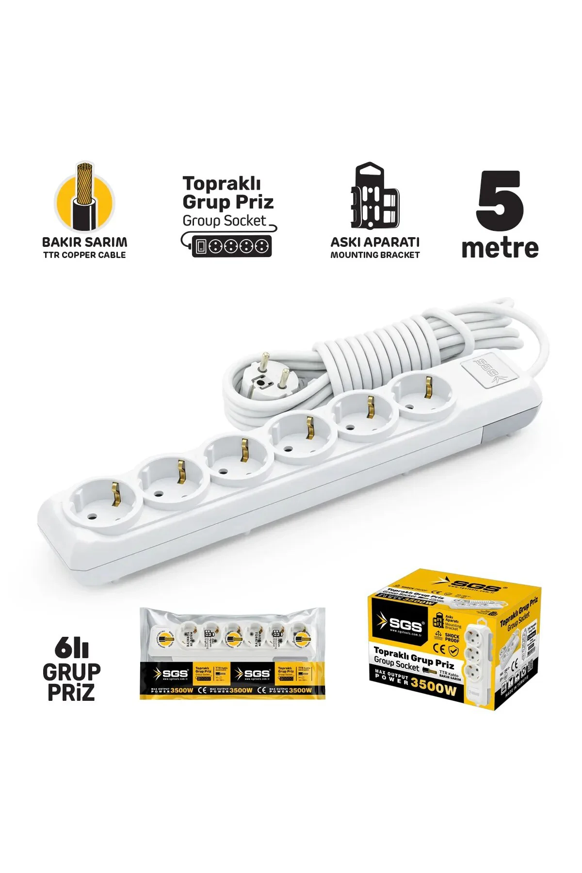 SGS3493 Grup Priz Topraklı Altılı 5 Metre, Uzatma Kablosu, Üçyol
