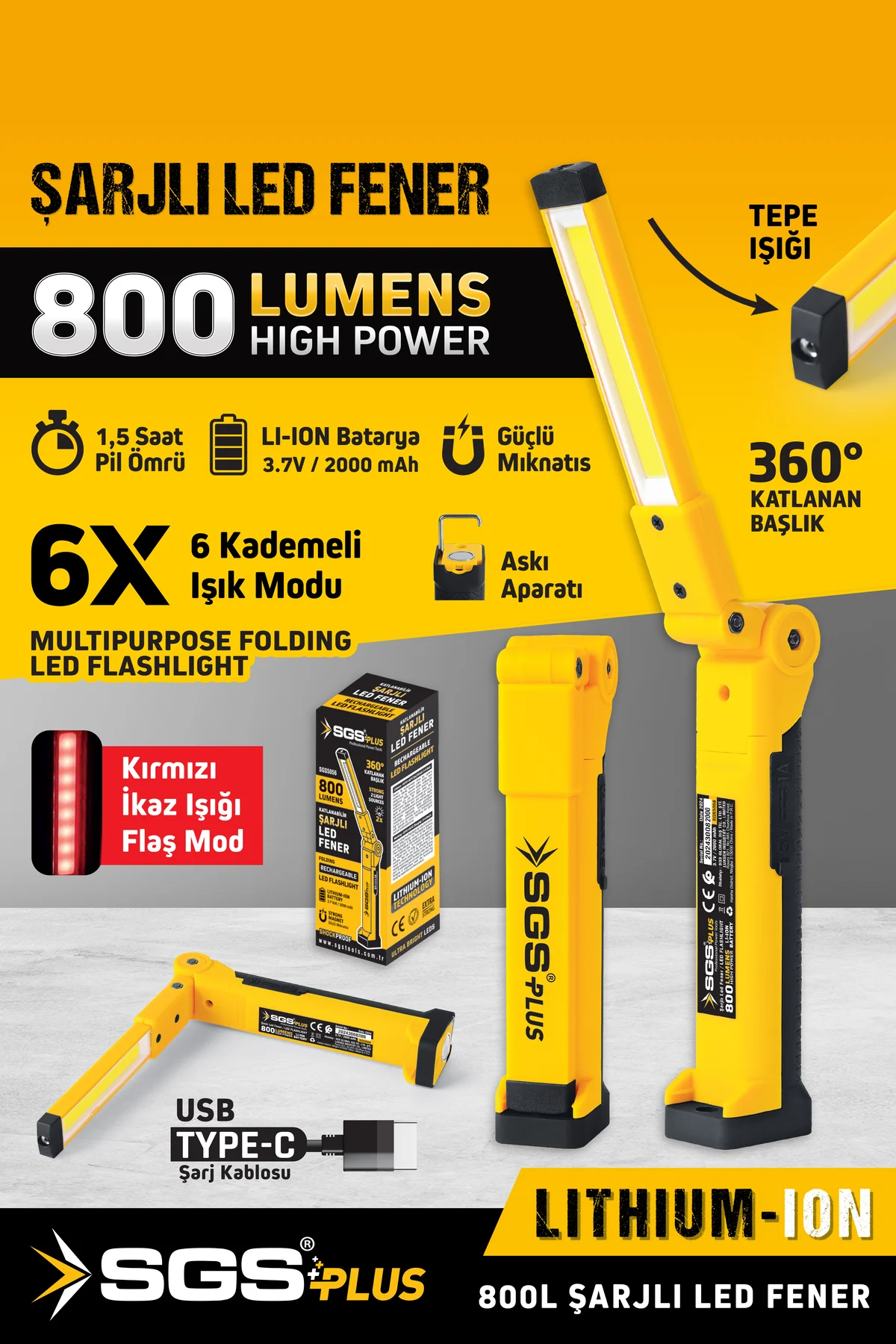 SGS5056 Katlanabilir Şarjlı Led Fener 800 Lumen 3.7 Volt Mıknatıs
