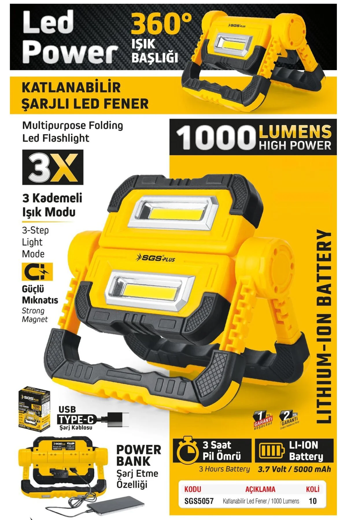 SGS5057 Şarjlı Led Çalışma Lambası + Power Bank Özellikli 1000 Lümen 3.7 Volt / 5000 mAh