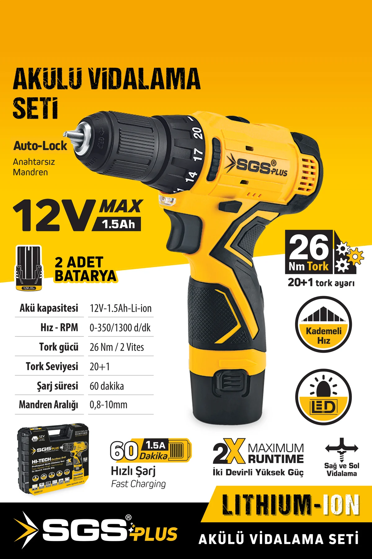 SGS5131 12 Volt 1.5 Amper 2 Akülü Şarjlı Vidalama Matkap Seti