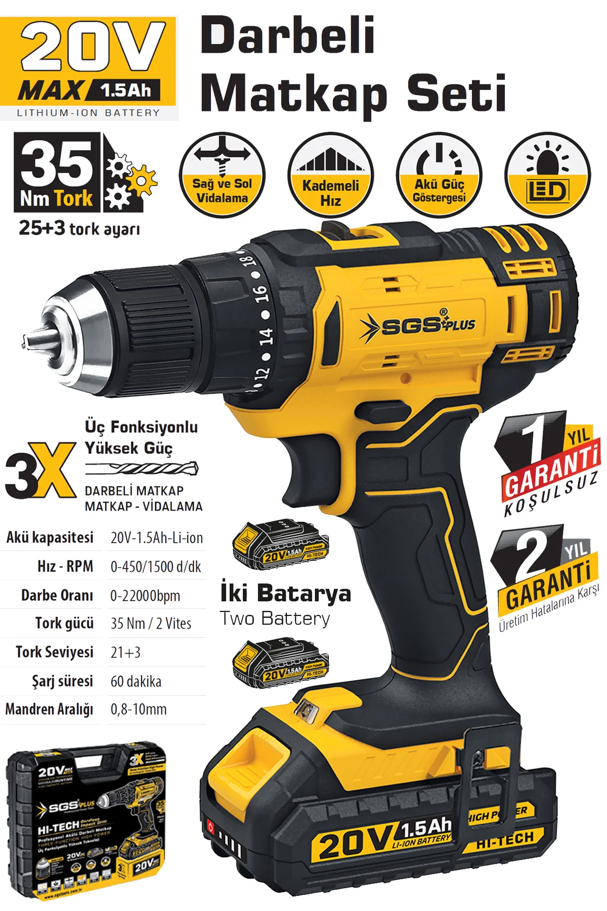 Sgs5248 - Darbeli 20 Volt 1.5 Amper Akülü Şarjlı Matkap Vidalama 