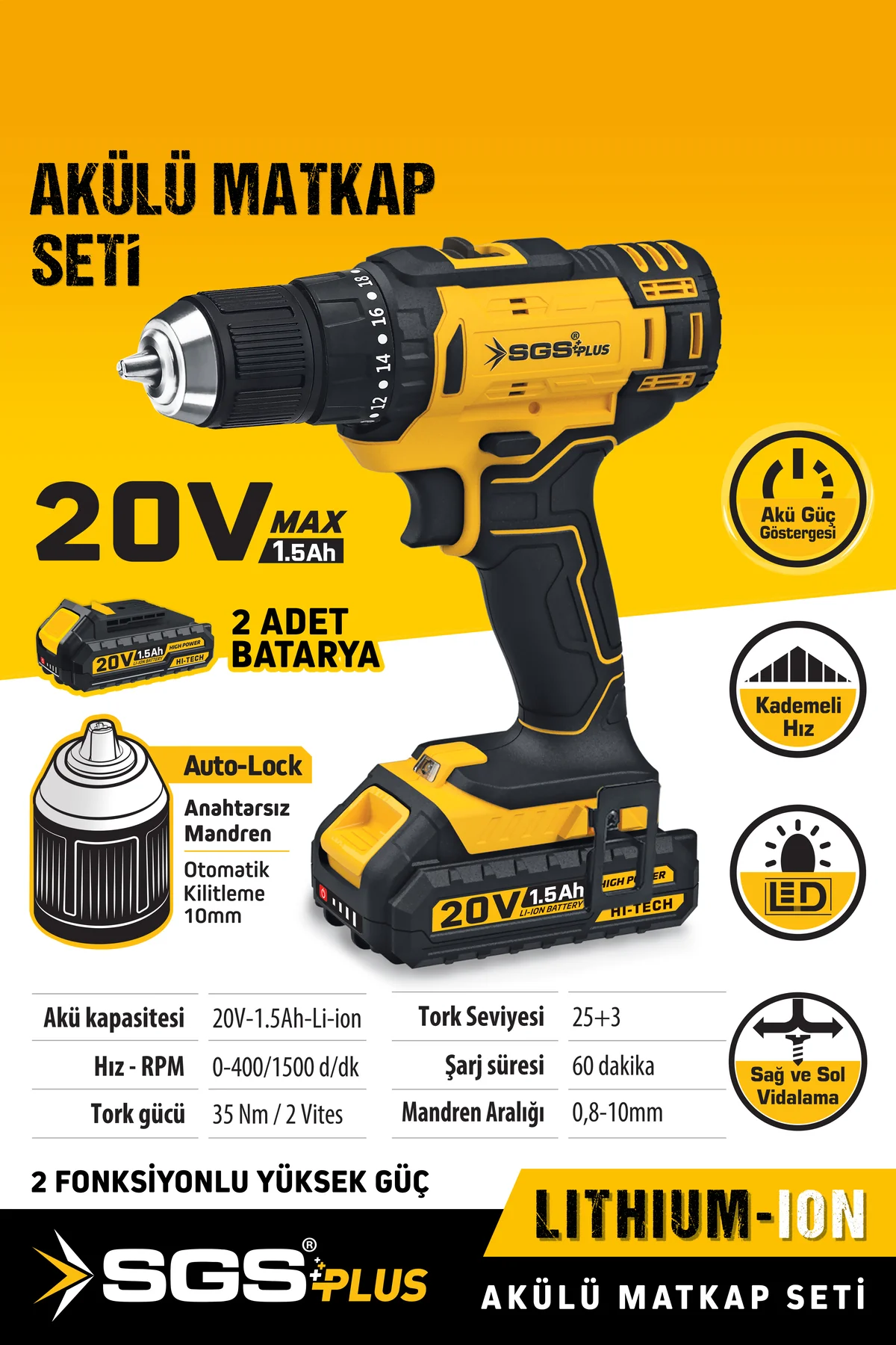 SGS5249 20 Volt 1.5 Amper Akülü Şarjlı Matkap Vidalama Seti Çift 